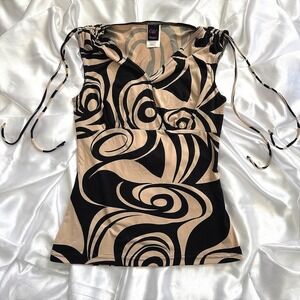 Wrapper Vintage Y2K Tan Black Swirl Print Cinch Shoulder V-Neck Top Small